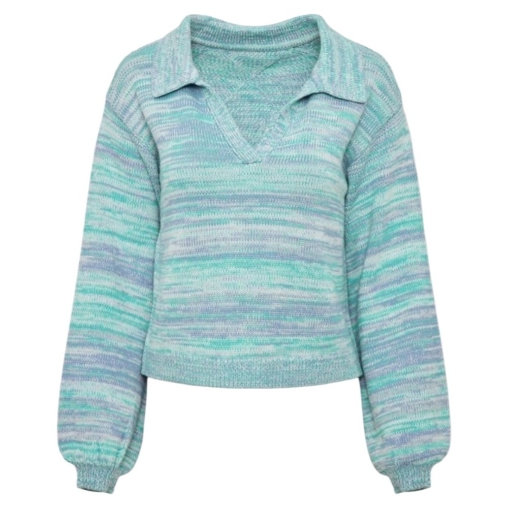 525 America Lattice Split Neck Collar Pull Over In Cyan Multi